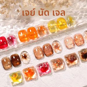 ยาทาเล็บเจลกลิตเตอร์สีทองอำพัน 1 ชิ้น ขนาด 12 มล. สินค้าขายดีประจำฤดูใบไม้ร่วง สีน้ำนมใสแบบน้ำแข็ง คริสตัลเจลสีน้ำตาล