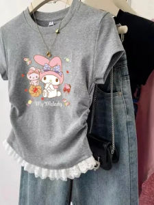 Girls Lace Trim Short Sleeve T-Shirt Summer Childrens Cartoon Print Slim Fit Cotton Blend Top for Ages 3-16 Shoulder to Waist