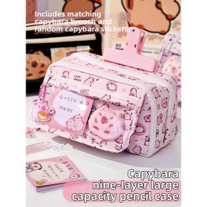 Pink Capybara Printed Girls School Pencil Case Super Large Capacity