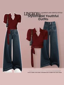 NUMEN BUTTON | Stylish Hong Kong Style Red Polo Collar T-Shirt Vintage Jeans Set