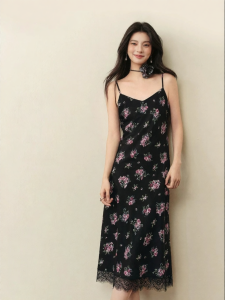 SEIFINI | Retro Floral Strap Lace Edge Slimming French Style Midi Dress