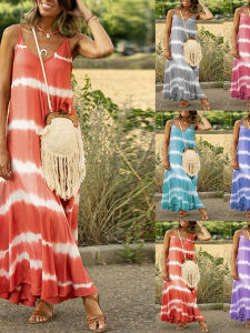 ชุดเดรสยาวคลุมเข่าลายทาง ทรงหลวม แขนกุด คอวี กระโปรงทรงเอ สำหรับผู้หญิง ชุดเดรสฤดูร้อน ชุดเดรสยาวคลุมเข่า