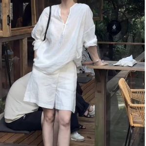 Big Brand Export Leak-Picking Casual Linen Shirt Outfit Womens Summer Temperament Wild Cotton Linen Wide Leg Shorts Two-piece Set