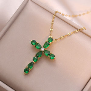 Red Blue Green Crystal Water Drop Stone Cross Pendant Necklaces For Women Vintage Gold Color Stainless Steel Chain Jewelry Gifts