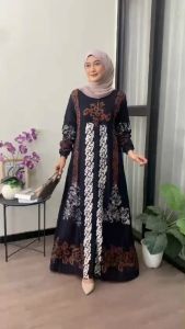 Gamis Batik Twill Lengan Panjang Bahan Premium Motif Cap Model Kancing Depan Tali Samping Motif Kekinian Mewah