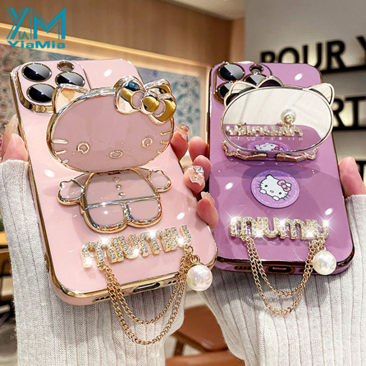 YiaMia Cute KT Cat Makeup Mirror Holder Case For iPhone 15 Pro Max 14 Pro Max 13 Pro Max 12 Pro Max 11 Pro Max 15 14 Plus 13 12 Mini XS Max XR XS X 8 7 6S Plus SE 2020 Luxury 6D Electroplated Soft TPU Back Shell Precision Camera Hole Protection Case