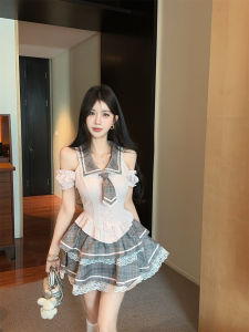 GUZILIAN | Korean Style Preppy Sweet and Age-Reducing Blouse with Lace Checkered Skirt Outfit