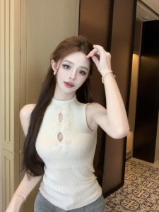 GUZILIAN | Retro Butterfly Knot Knitted Hollow Out Vest Womens Half High Collar Sleeveless Slim Fit Pure Desire Summer Top Inner Wear