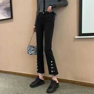 Black Straight Denim Womens Chubby Girl Slim Looking Elastic Small Early Autumn Plus Size High Waist Breasted Ankle-Length Cigarette Pants