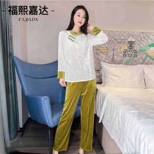 Autumn New Arrival Womens Long Sleeve Sleepwear Set with Belt Velvet Fabric Comfortable Long Pants And Collar round Neck Design