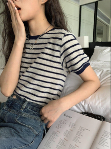 NIHAOKANONG | Áo Blouse Mùa Hè Cổ Tròn Tay Ngắn Chữ Nhật Đan Sọc Plush