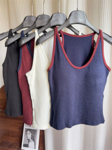 Áo Ba Lỗ Cổ Chữ U Bằng Lông Cừu Cotton Co Giãn Màu Tương Phản Dành Cho Nữ Có Đệm Ngực Áo Lót Thời Trang Mùa Thu