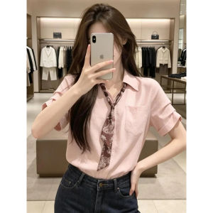 XUSHAN | Silk Scarf Tied V-Neck Loose Shirt