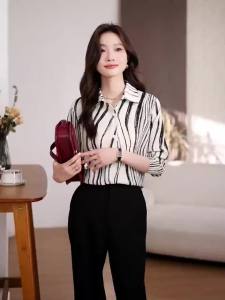 AMMIN 2024 Autumn new simple lapel single breasted fashion irregular ink stripe print chiffon shirt Womans Korean style natural drop long sleeve elegant blouse
