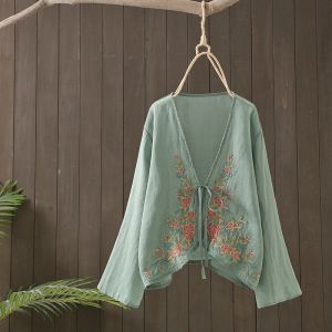 Retro Embroidered Cotton Linen Womens Shirt Spring Summer New Style Belted Sun Protection Short Coat V-neck Nine-point Sleeve
