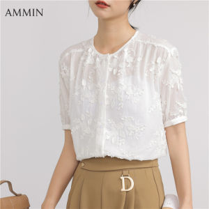 Ammin đơn giản mới mùa hè cổ tròn thời trang Jacquard độc đáo Quần sóoc sang trọng tay áo Áo voan nữ phiên bản Hàn Quốc phong cách ba chiều hoa nối Một hàng khuy đi lại Áo Blouse thanh lịch