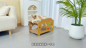 2 Tier Cat Scratcher Bed Wooden Cat House Corrugated Scratching Board Cat Bed with Hanging Ball Toy Pet Furniture