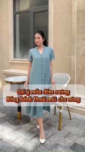 Đầm Linnen thun cổ trụ phối nút duyên dáng cho nữ AD088 - Ladyfashion