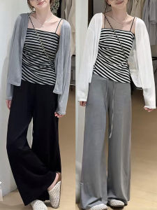 Shalldoer | Fashionable Striped Crop Top And High Waist Pants Womens Summer Outfit Set Casual Long Sleeve Round Neck Three Piece Suit