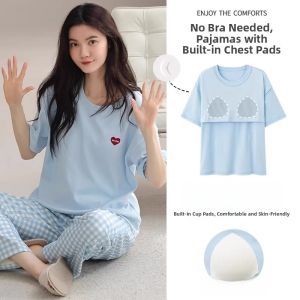 miiow | Pure Cotton Sleepwear Three-Piece Set With Chest Pad Womens Short Sleeve Summer Outfit MiiOW Cat Person Comfortable Home Clothes