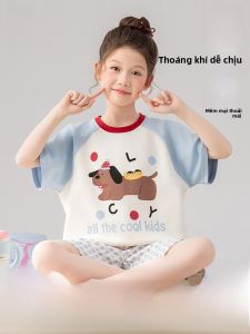 MiiOW | Bộ đồ ngủ cotton nguyên chất cho bé gái mùa hè MiiOW Áo thun cổ tròn tay ngắn Quần short Bộ đồ ngủ trẻ em thoáng khí thoải mái