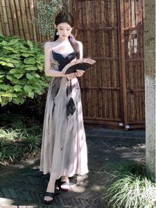 Atmospheric Summer New Chinese Style Womens Dress Covering Hips Beautiful Halter Neckline Midi Skirt Sleeveless Ins Style
