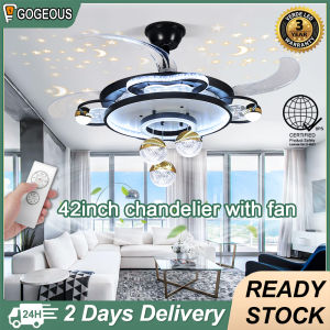 Gogeous 43inch black ceiling fan with light modern Retractable 4 blades ceiling fan with lights and remote chandelier wirh fan ceiling lights with fan for dining room bedroom living room