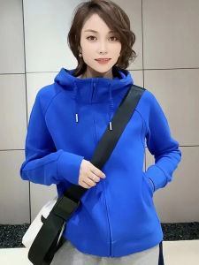 Klein Blue Short Womens Jacket Spring Autumn New Fashion Loose Pure Color Drawstring Hoodie Commute Style Zipper Sleeve Long