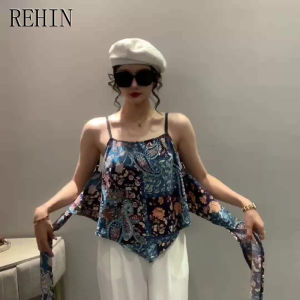 REHIN Womens T-shirt Summer new style floral printed camisole with straps fashionable and slim-fitting sleeveless tops