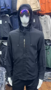 Mens hooded jackets with zippered pockets and drawstrings in beige light gray and black.