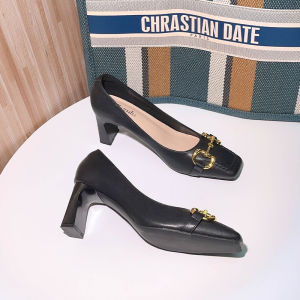 รองเท้าส้นสูงหัวเหลี่ยมสีดำสไตล์ฝรั่งเศสสำหรับใส่ทำงาน รองเท้าส้นหนาแบบหัวเหลี่ยมสำหรับผู้หญิง รองเท้าส้นสูงแบบสวมสบายสำหรับผู้หญิง