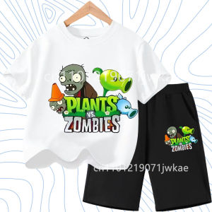 Childrens Plants Vs. Zombies Short-Sleeved T-Shirt Set Cotton Summer Fashion Comfortable Top+pants for Boys and Girls