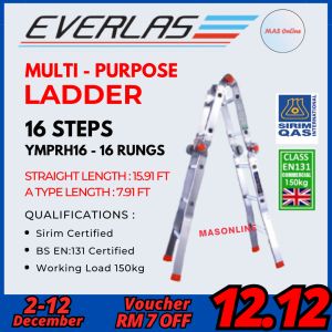 [SIRIM] Everlas YMPRH16 16 Steps Multipurpose Ladder / Tangga Lipat 8 Steps (BS EN:131 150kg Duty Rating) Multi purpose ladder Everlas Ymrh16 Stair Ladder - Lazada