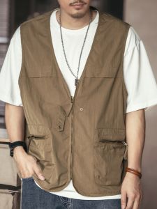 Japanese Style Lightweight Functional Workwear Vest Men Spring and Summer Thin Trendy Sleeveless Outwear Multi-Pocket Waistcoat
