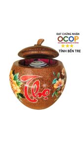 Bình ủ trà gỗ dừa cao cấp vẽ chữ Thọ / Tùy chọn bình trà 05 - 08 - 13 - 20 lít / Hàng đạt OCOP 3 sao tỉnh Bến Tre năm 2023 / Giữ ấm 3 - 5 giờ / Xưởng sản xuất thủ công