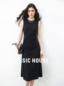 Basic House | Black Elegant Waist-Cinching Sleeveless Dress