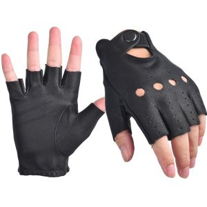 Mens Fingerless Gloves Half Finger Leather Driving Gloves Genuine Leather Sheepskin Outdoor Gloves for Men Black