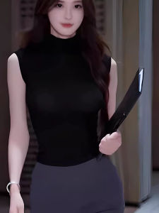 chaqi | Spring Autumn Sleeveless Half High Collar Womens Tank Top Close-Fitting Short Style Underwear Base Shirt Outerwear Versatile Short Top