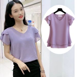 Loose V-Neck Short Sleeve Womens T-Shirt Summer New Style Fashionable Cover Belly Chiffon Base Shirt Korean Style Commute Wind