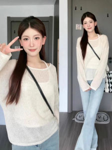 Áo Len Dệt Kim Mỏng Khoét Lỗ Phong Cách Lười Biếng Cho Nữ Mùa Hè 2025 Áo Khoác Ngoài Chống Nắng Thiết Kế Mới Áo Thun Cổ Tròn Dài Tay