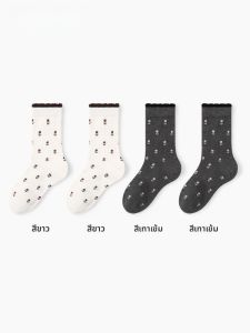 ถุงเท้าผ้าฝ้ายแท้สตรีบ่ากระดิ่ง ถุงเท้าข้อสั้นแบบไม่มีกระดิ่ง ถุงเท้าข้อยาว ถุงเท้าผู้หญิง ฤดูใบไม้ร่วง/ฤดูหนาว ความยาวครึ่งแข้ง