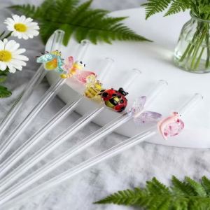 1/2/7PCS Nature Animal Glass Straw Transparent Bendable Reusable Straw for Iced Coffee & Smoothies Perfect for Nature Lovers