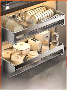 Stainless Steel Pull out Drawer Style Kitchen Storage Rack Dish Drainer Bowl Basket Utensils Storage Shelf Cabinet Organizer