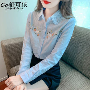Spring Autumn 2025 New Fashion Anti-Aging Embroidered Pure Cotton Womens Shirt Stylish Long Sleeve Ladies Blouse Korean Style