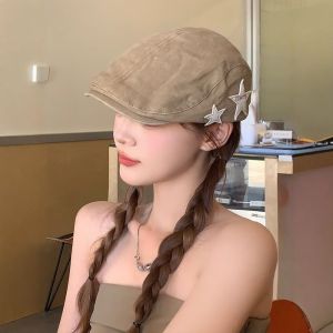 American Retro Star Beret Hat Womens British Casual Simple Versatile Face Slimming Cap Jazz Hat Cotton Summer Cap