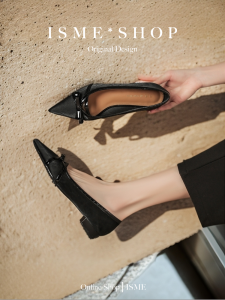 Soft Bottom Block Heel Pointed Toe Womens Shoes Black Fashionable Low Heel Single Shoes Butterfly Knot Ceremony European Style