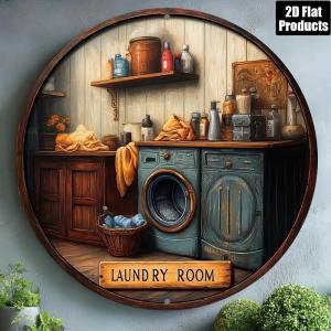 CIFBUY Vintage Round Aluminum Tin Sign Laundry Theme Retro Metal Wall Art Bar Kitchen Cafe Decorative Plaque Gift