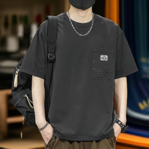 Retro American Heavyweight Stone Ground Washed Short Sleeve T-Shirt Mens Summer Loose Vintage Pocket Style Casual Top