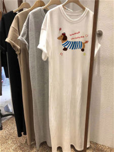 Summer Heavyweight Cotton Loose Midi T-Shirt Dress Womens round Neck Short Sleeve Multi-Color Knee-Length Korean Style Dress