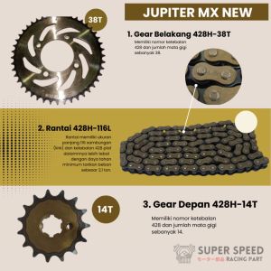 Gear Set Jupiter MX New Paket Lengkap Gir Depan 14T Belakang 38T Rantai 428H High Tension Panjang 116L